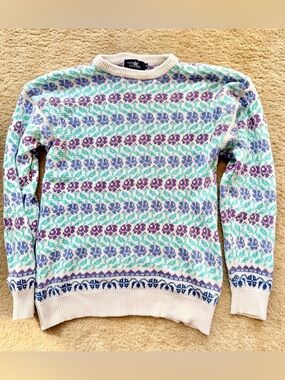 Vintage 80’s Cozy Floral Fair Isle Sweater in Mint, Lavender & Navy